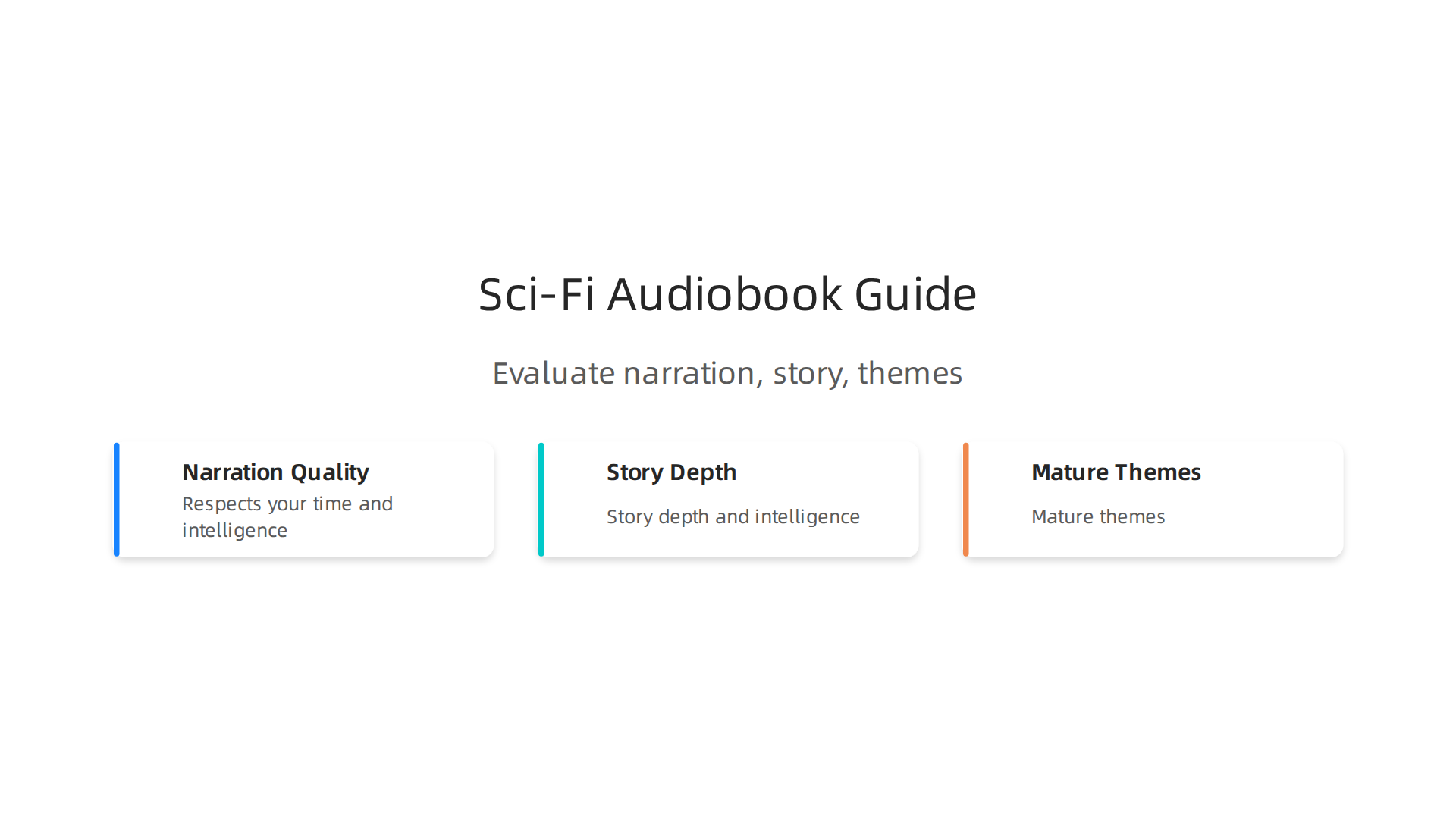 A simple framework for evaluating adult sci-fi audiobooks, focusing on narration quality, story depth, and mature themes.