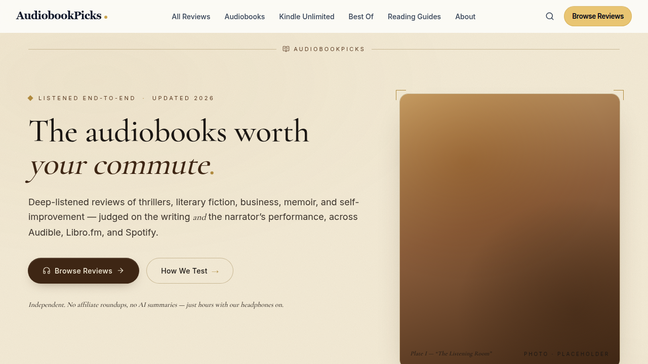Screenshot of the Audiobook Picks website, a specialized review site focusing on curated science fiction audiobook recommendations.