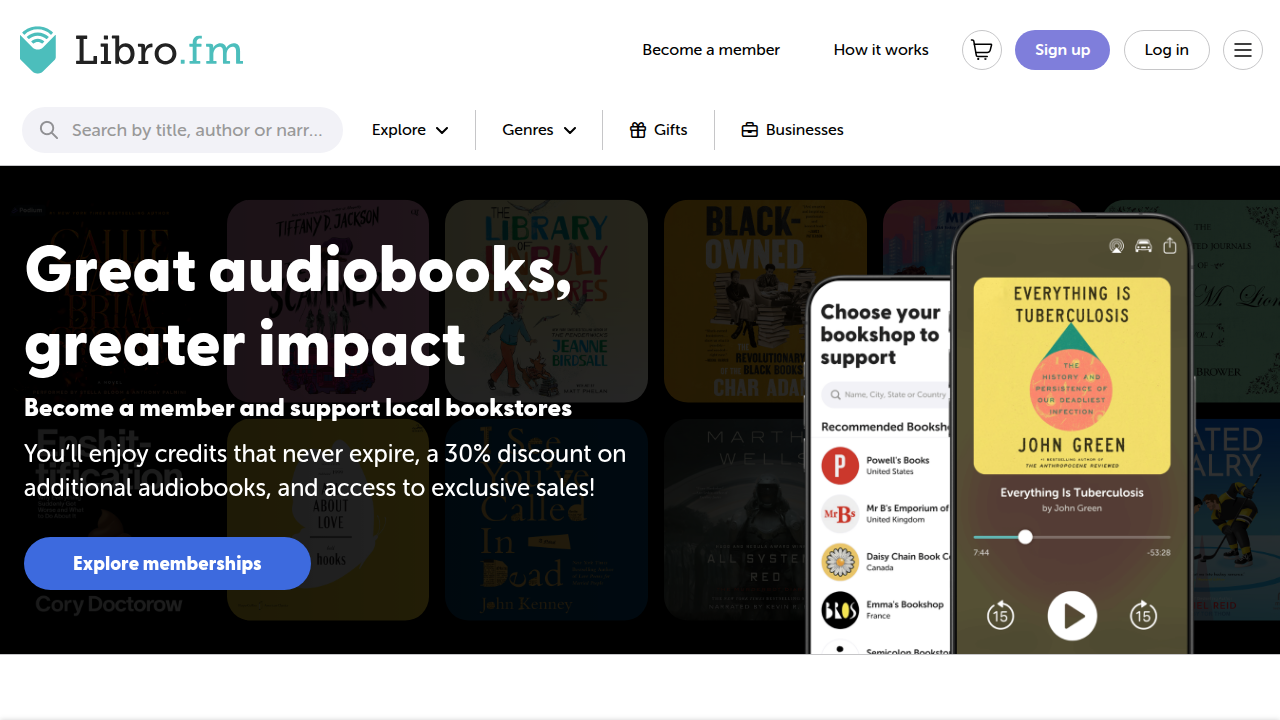 A screenshot of the Libro.fm homepage, an audiobook platform that supports independent bookstores with every purchase.