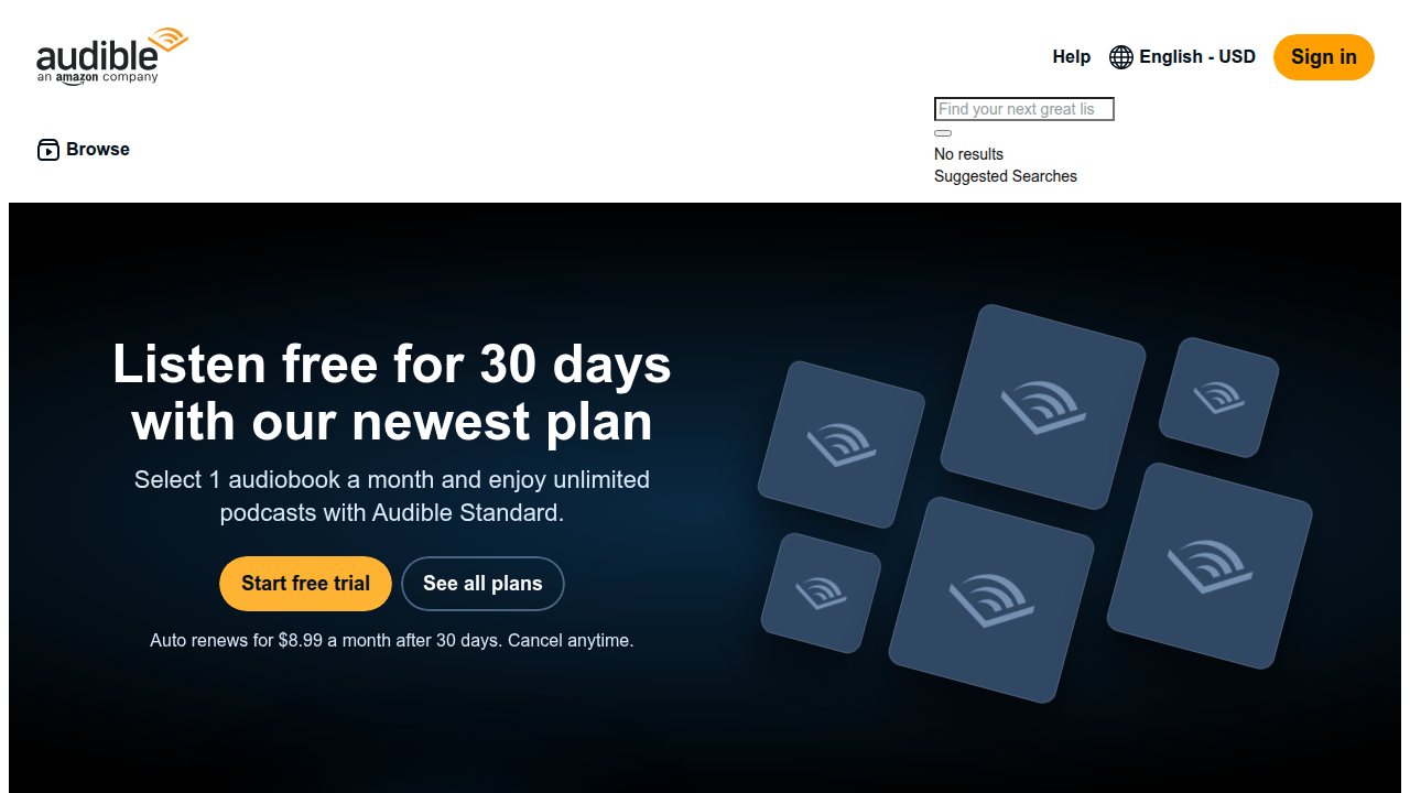 A screenshot of the Audible.com homepage, the leading platform for audiobooks, showcasing its vast library and subscription options.