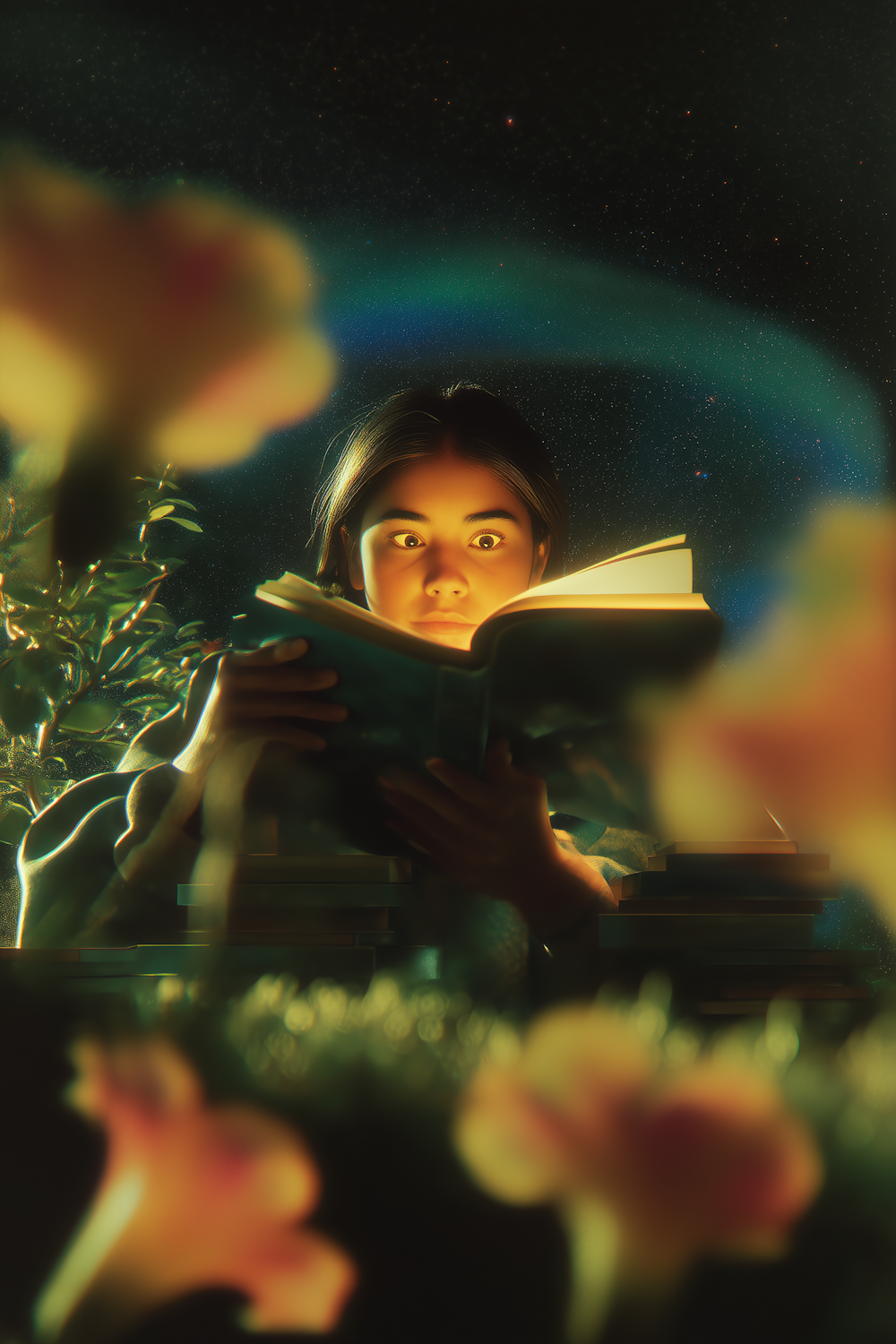 A reader deeply immersed in a fantasy novel, surrounded by a stack of classic literature, symbolizing the rich connection between genres.