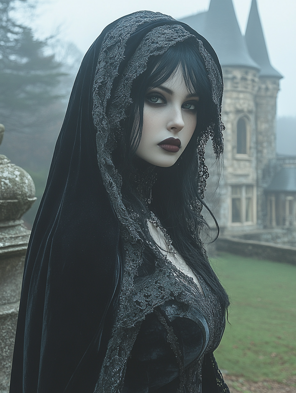 A haunting image of a gothic castle at dusk with a faint, mysterious female silhouette, evoking the atmosphere of 'Carmilla'.