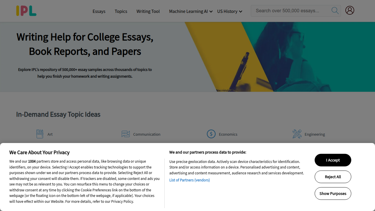 A screenshot of the IPL.org homepage, a digital public library that hosts numerous literary analyses and resources.