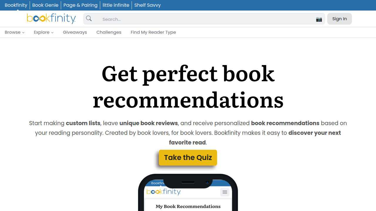A screenshot of the Bookfinity homepage, a platform designed to help readers discover books tailored to their preferences.