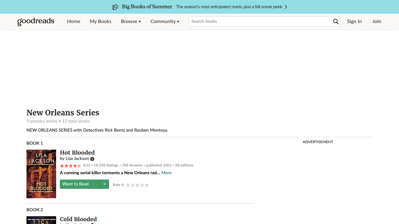 The Goodreads page for Lisa Jackson's New Orleans series, a community-driven resource for book orders and reader reviews.