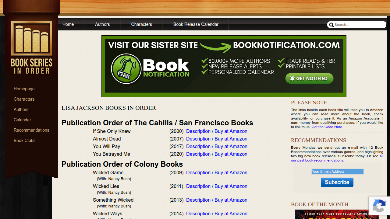 A screenshot of the Book Series in Order website, a valuable resource for tracking authors' works in correct sequence.