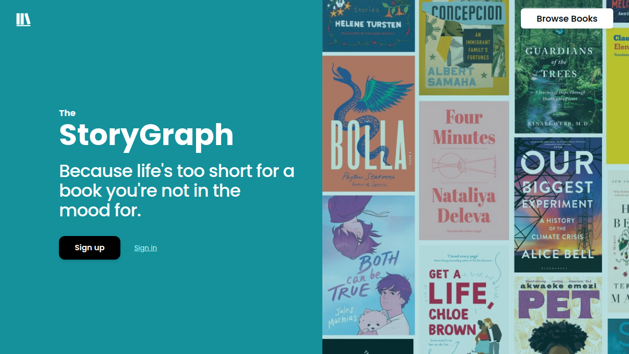A screenshot of The StoryGraph's homepage, highlighting its interface for discovering books by mood, pace, and themes, tailored for diverse reader preferences.