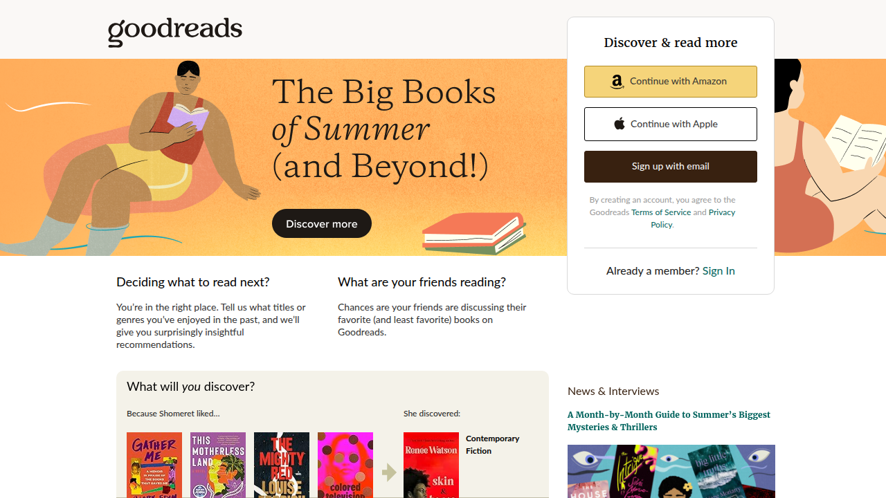 A screenshot of the Goodreads homepage, showcasing its extensive book catalog and community features for tracking and reviewing books.
