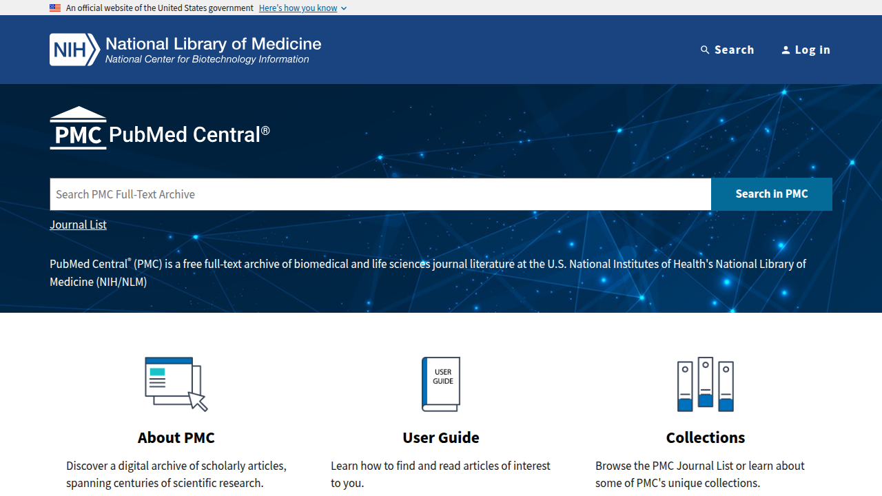 The homepage of PubMed Central (PMC), a free digital archive of biomedical and life sciences journal literature.