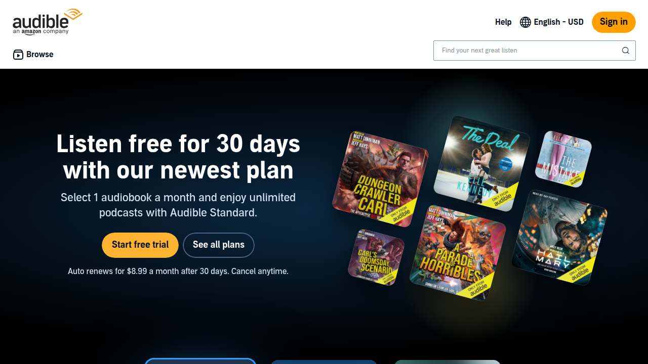 A screenshot of the Audible homepage, demonstrating the platform for audiobooks, which often integrates with Kindle Unlimited for flexible listening.