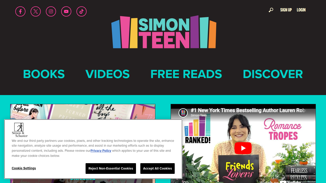 A screenshot of the Simon Teen website, a publisher of Young Adult and Middle Grade books, often featuring guides and articles for popular authors.