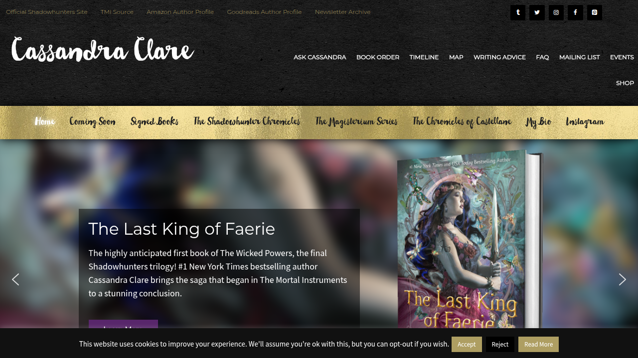 A screenshot of Cassandra Clare's official website, providing a comprehensive overview of her works, including the Shadowhunter Chronicles.
