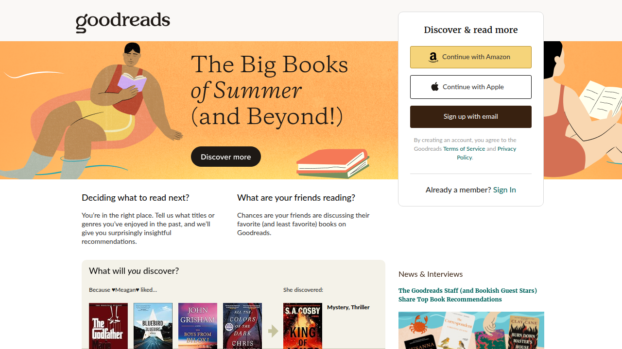 A screenshot of the Goodreads homepage, a popular platform for readers to find, review, and discuss books.