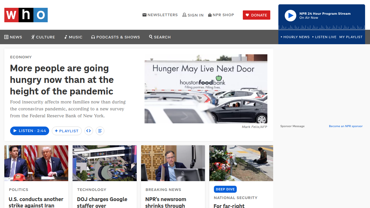 The homepage of NPR, a widely respected source for news, culture, and literary surveys.