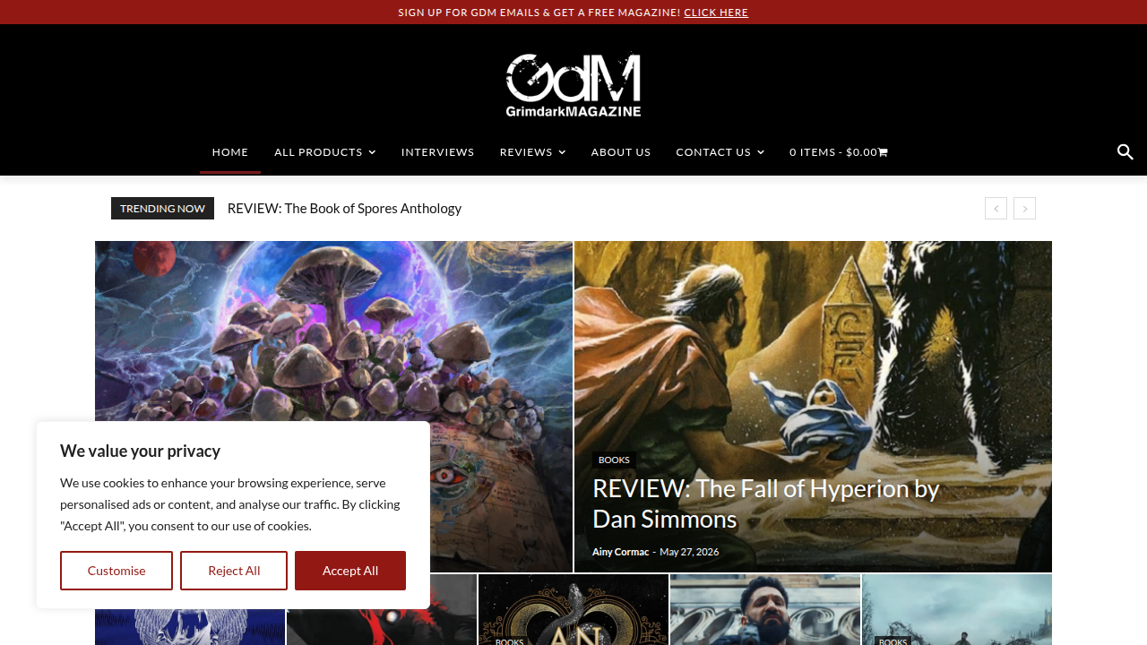 The homepage of Grimdark Magazine, a prominent publication for grimdark fantasy literature.