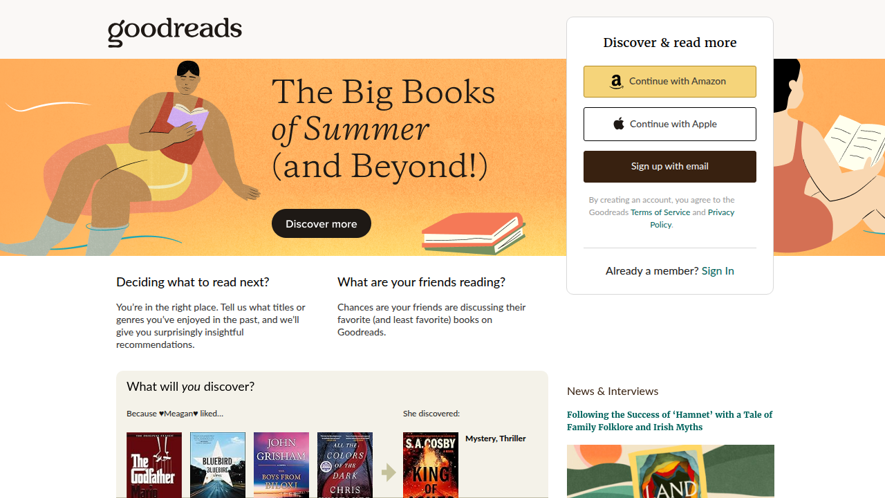 The homepage of Goodreads, a popular platform for readers to track, review, and discover books.