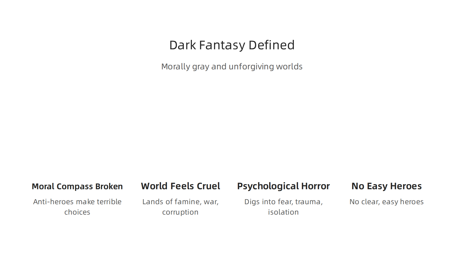 Understand the core elements that define the brutal and morally complex world of dark fantasy.