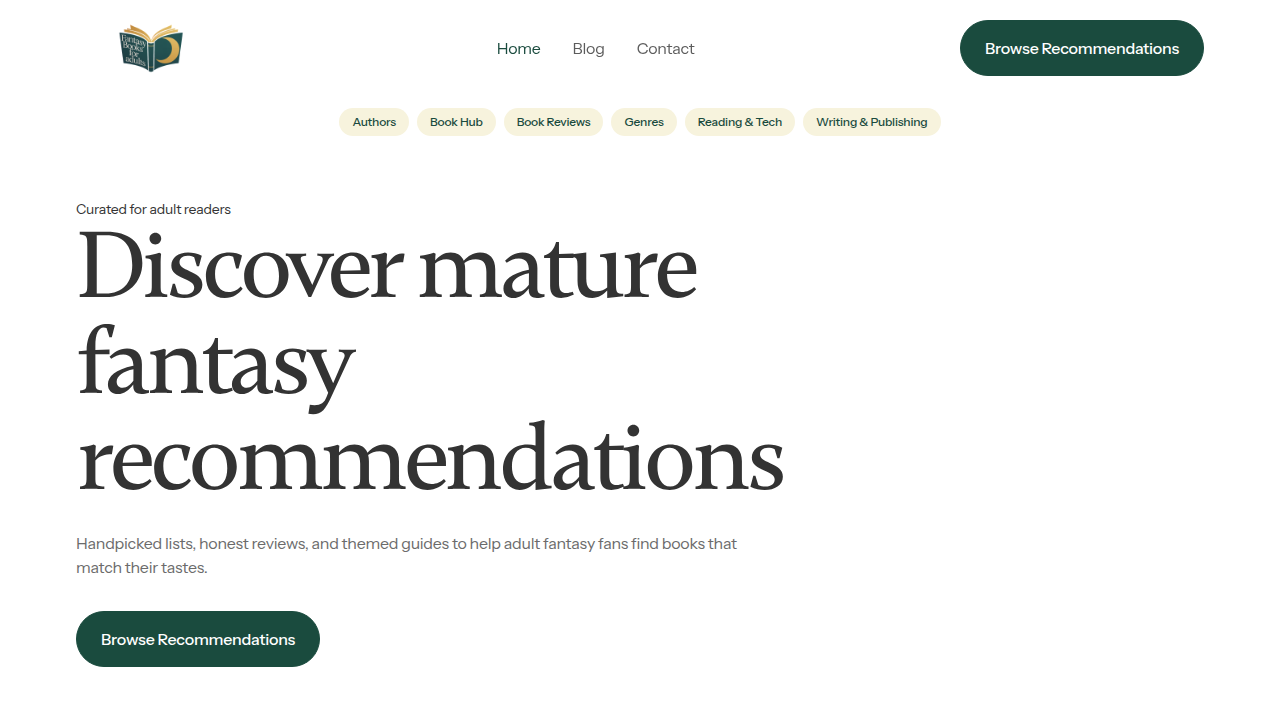Screenshot of FantasyBooksForAdults.com, a resource for finding mature fantasy reads.