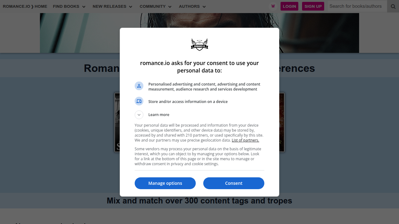 Screenshot of Romance.io, a popular platform for discovering and tracking romance novels, including paranormal and romantic fantasy.