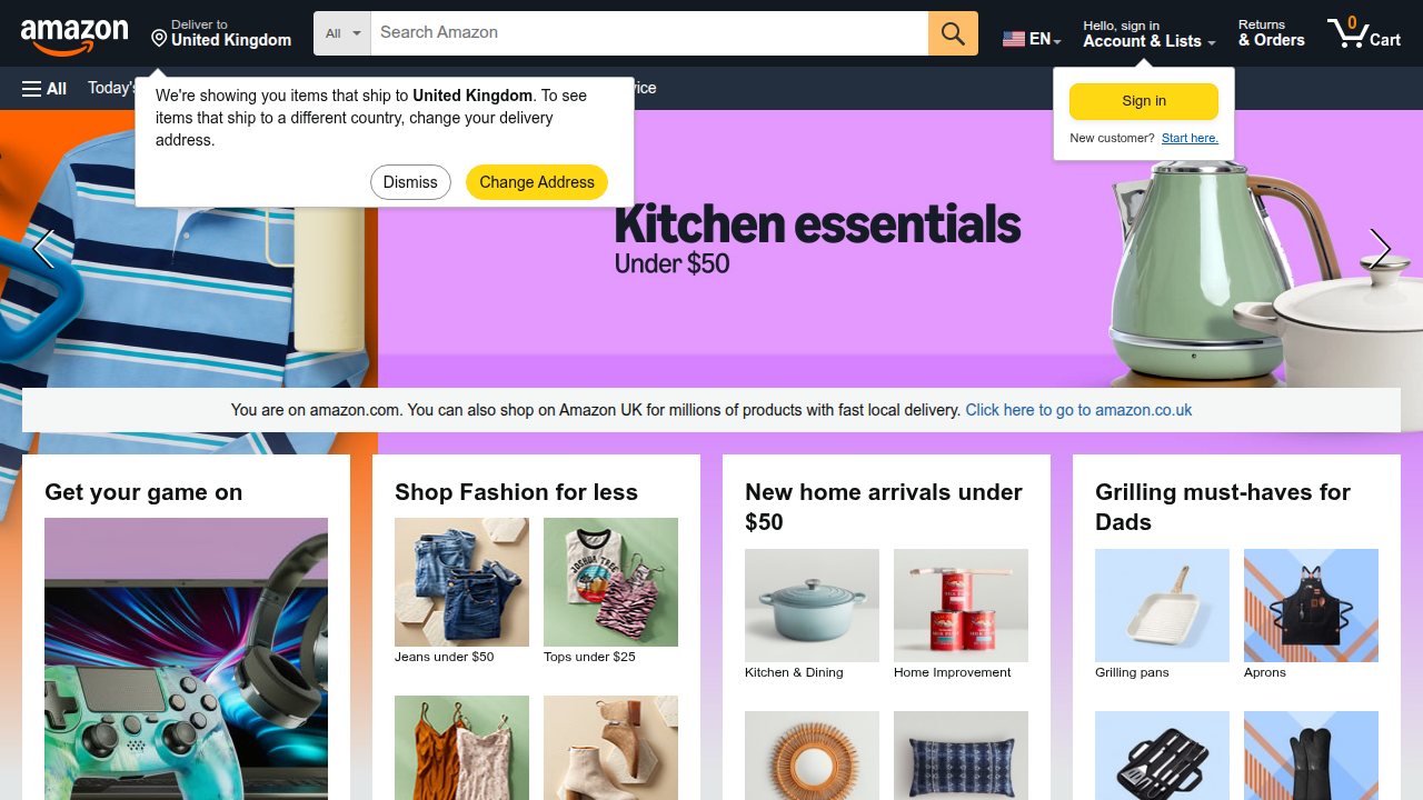 A screenshot of the Amazon homepage, gateway to the Kindle ecosystem and its vast library of adult fantasy books.