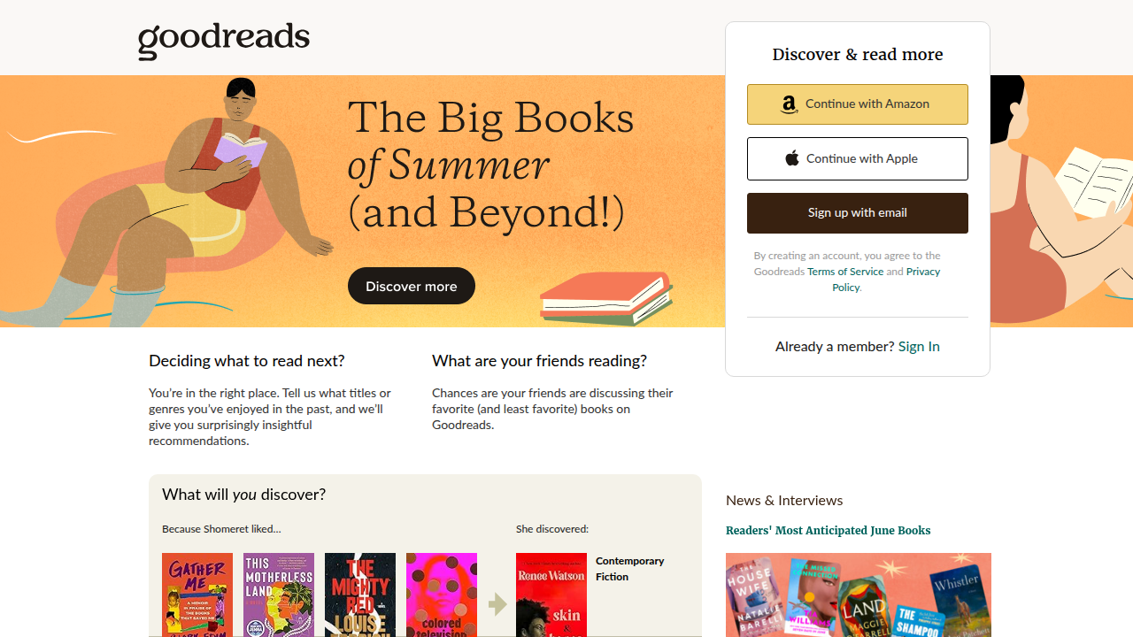 The Goodreads homepage, a social cataloging website for books, useful for discovering and reviewing adult fantasy titles.