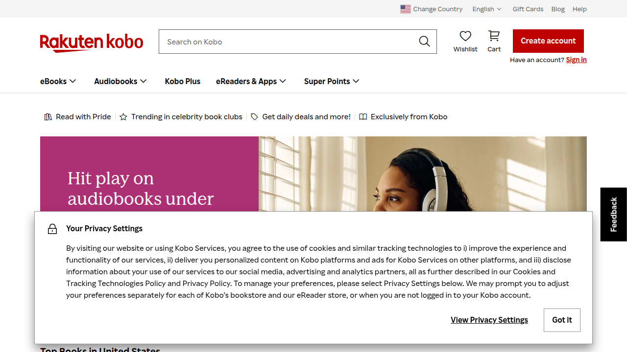 The Kobo homepage, showcasing their range of e-readers, including competitors to the Kindle Scribe like the Kobo Elipsa 2E.