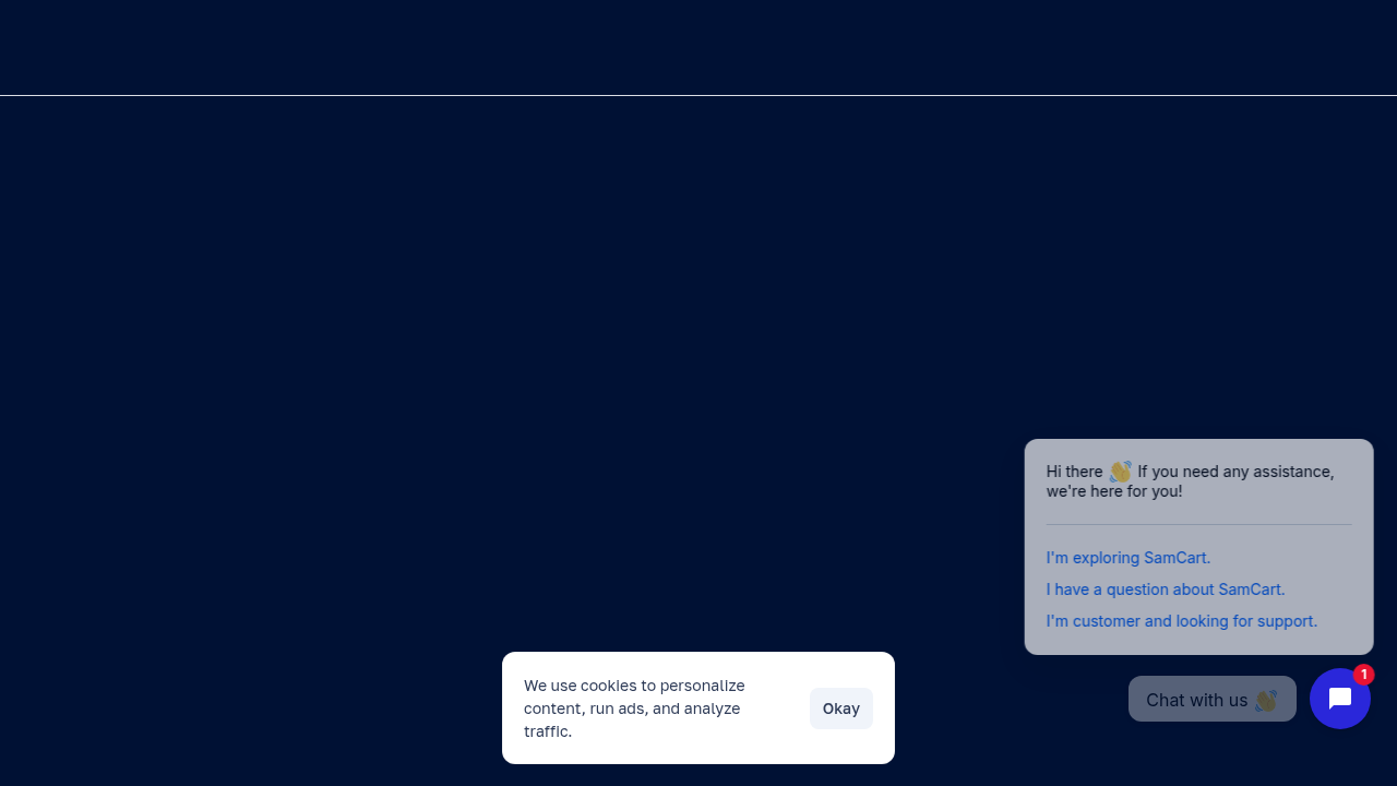 The SamCart homepage, a platform used by authors to sell their ebooks directly to readers.