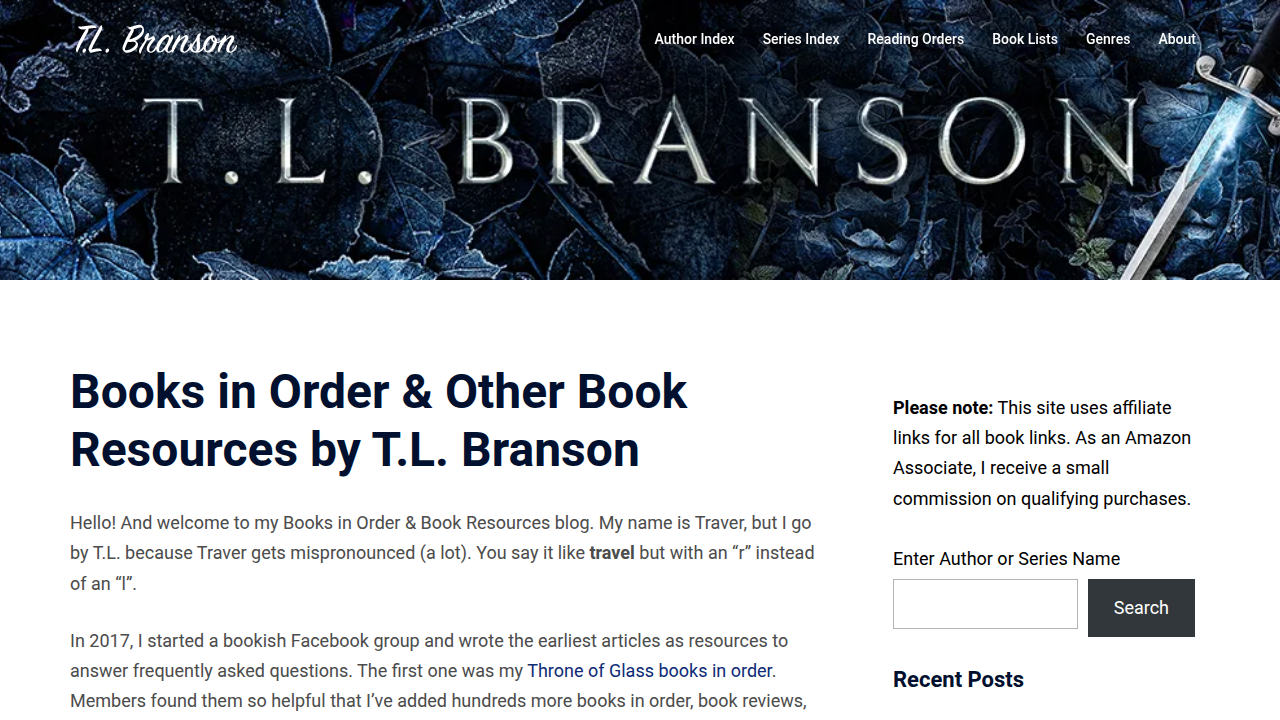 A screenshot of tlbranson.com, a website that provides comprehensive book lists and reading orders for various authors.