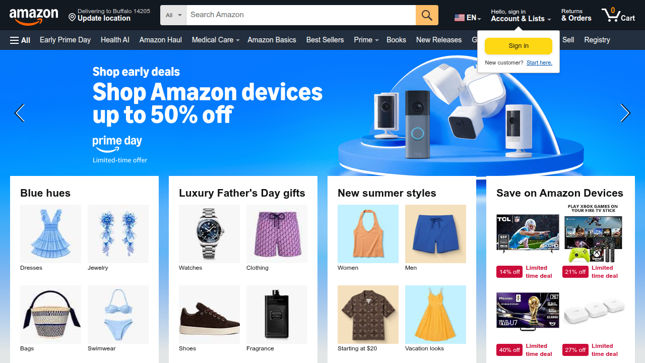 Amazon's homepage, a popular online marketplace where readers can find various editions of Dan Brown books, including print and audio formats.